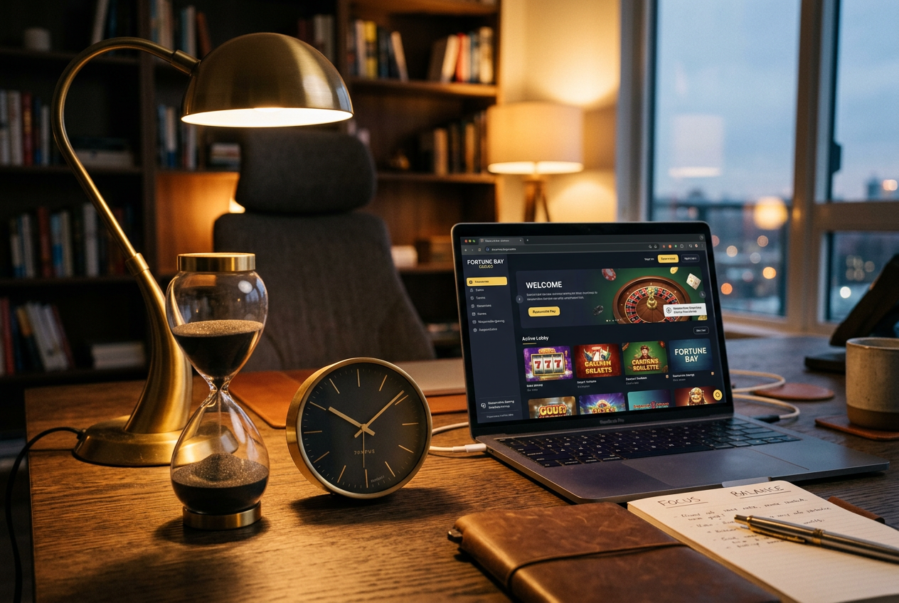 Clock and hourglass next to a laptop symbolizing time management in gaming