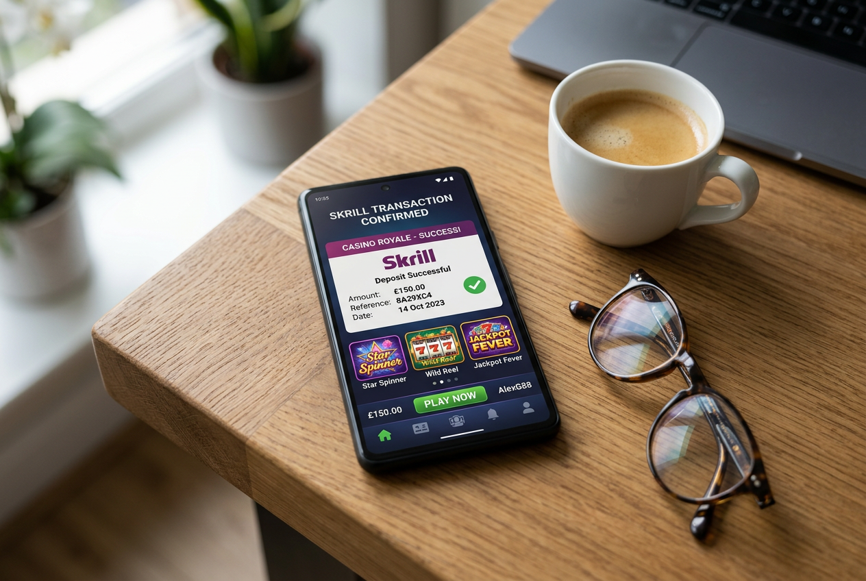 Smartphone screen showing casino games and a Skrill payment confirmation